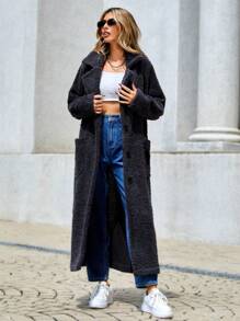 EURMUSE Lapel Neck Dual Pocket Teddy Coat - Grey - View 5