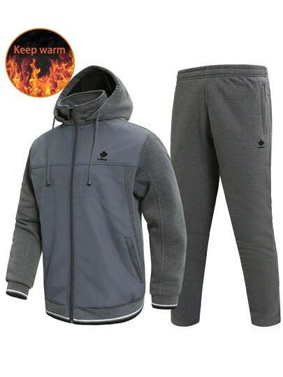 Men's Hooded Drawstring Jacket And Pants Set With Letter Embroidery