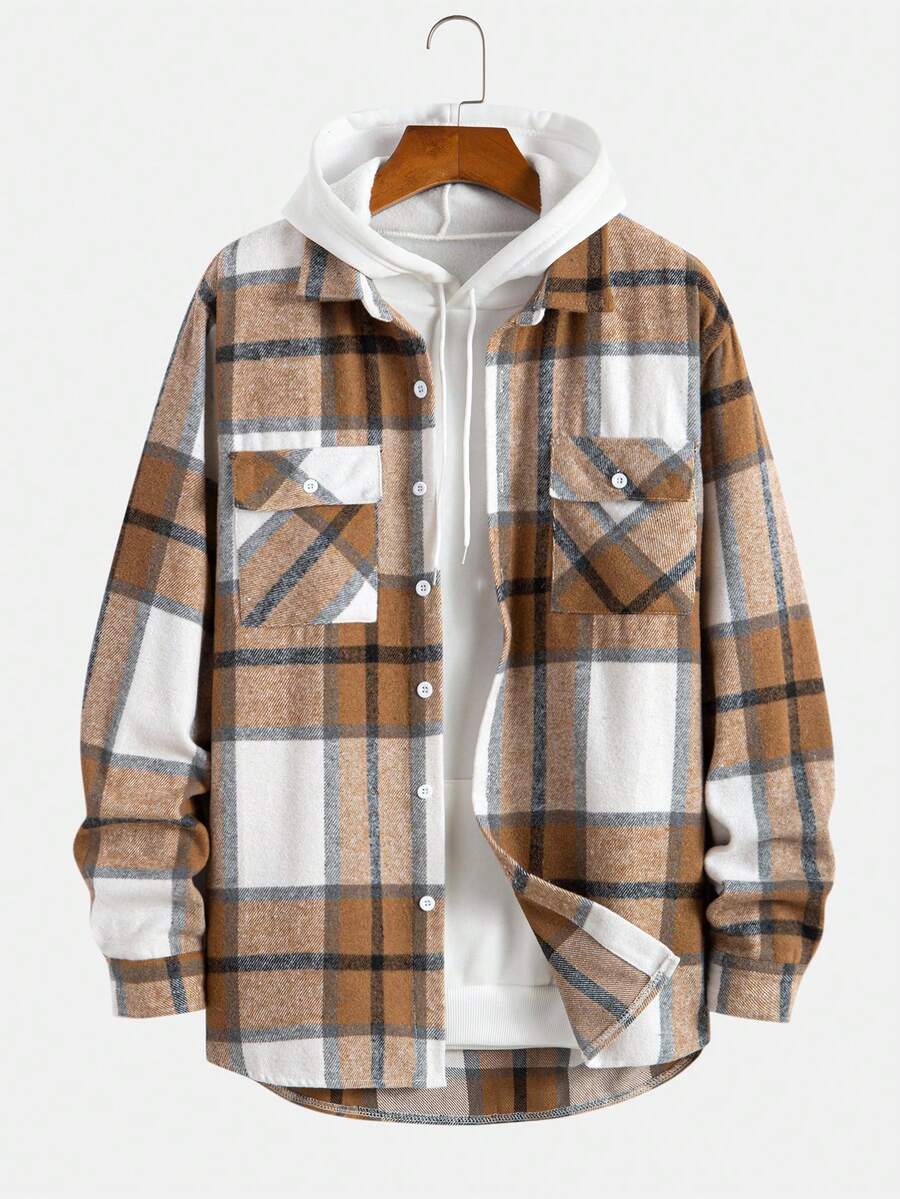 Manfinity Hypemode 男士寬鬆格紋大衣,帶有嵌袋和無帽款式 - 卡其色 - 查看 1