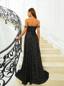 Missord Women's Off Shoulder Fringe Trim Side Split Evening Party Dress - Black - View 2