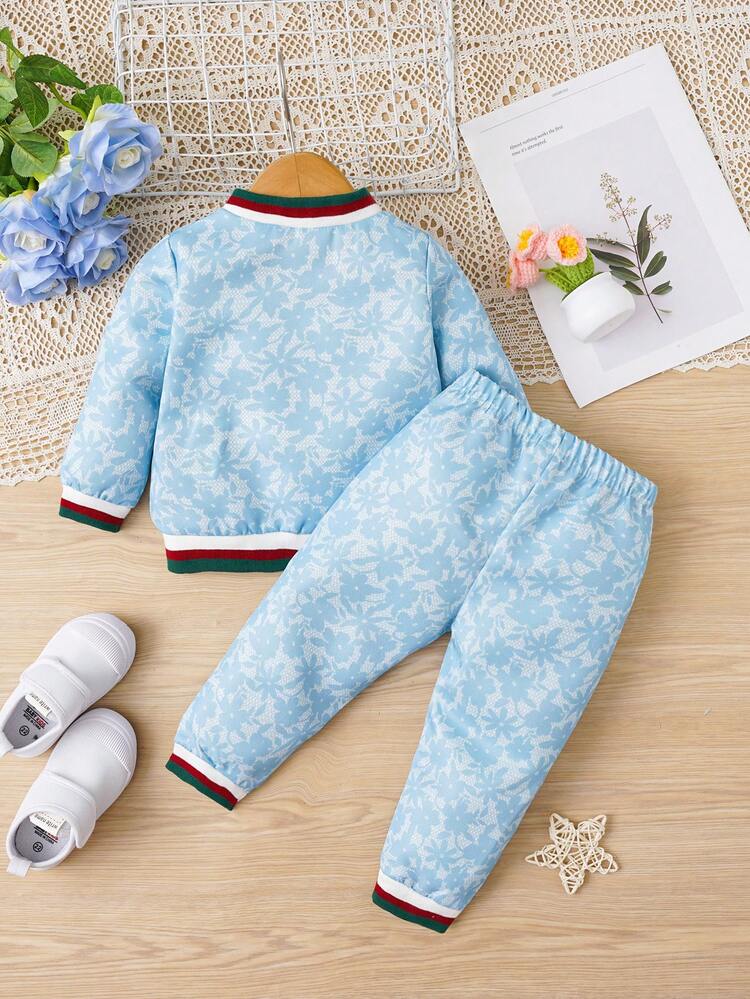Baby Girls' Letter & Floral Print Baseball Jacket And Pants Set