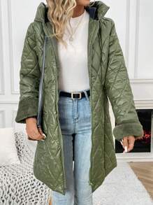 Chiquease 女士拉链前连帽菱形格纹绗缝加厚棉服外套冬季 - 軍綠色 - 查看 5