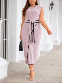 SHEIN Privé 大碼撞色滾邊繫腰帶洋裝 - 淡紫色 - 查看 6