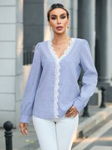 SHEIN Clasi Ladies' Patchwork Lace Striped Shirt - Blue - View 4