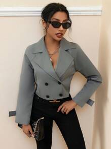 SHEIN Essnce Của phụ nữ Đôi ngực Áo khoác Trench - Xám - Xem 1