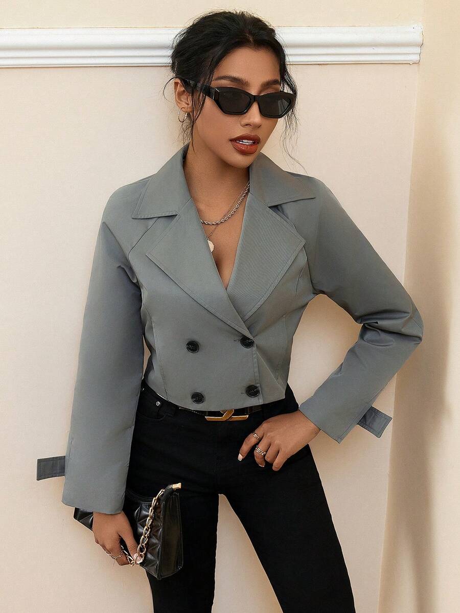 SHEIN Essnce Của phụ nữ Đôi ngực Áo khoác Trench - Xám - Xem 1