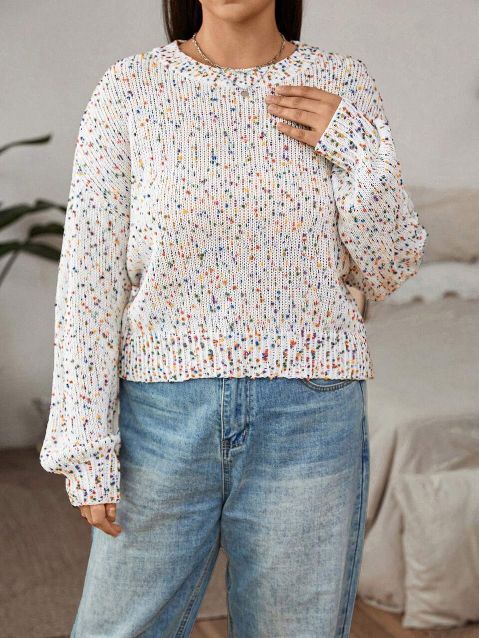 Plus Space Dye Drop Shoulder Sweater Knit Pullover Fall Winter Sweater