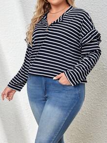 SHEIN LUNE Plus Striped Print Ruffle Trim Drop Shoulder Tee - Navy Blue - View 3