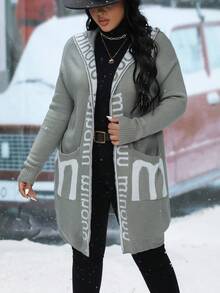 Calvaya Plus Letter Pattern Dual Pocket Drop Shoulder Hooded Cardigan - Grey - View 7