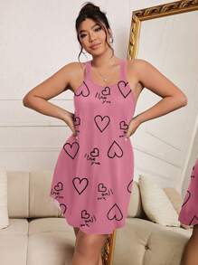 Plus Size Đơn giản in chữ tiếng Anh cổ tròn Tank Pajama Dress cho đồ ngủ - Hồng - Xem 4
