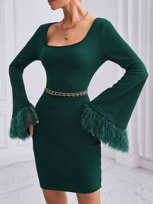 SHEIN Privé 方领毛绒袖口紧身连衣裙（无腰带） - 墨綠色 - 查看 6