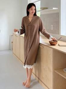 DAZY Women's Patchwork Lace Button Up Robe - Brown - View 5