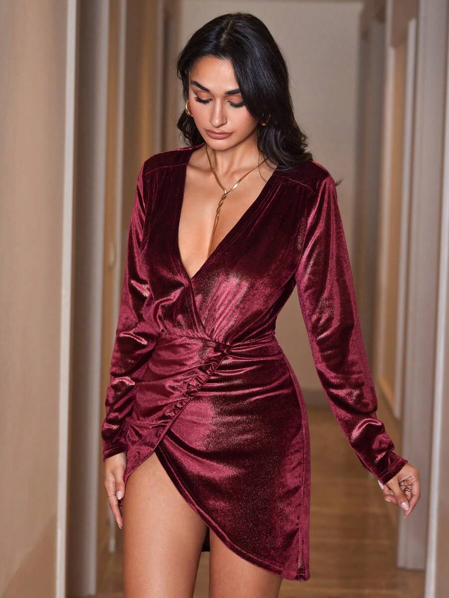 RueChic Plunging Neck Ruched Tulip Hem Bodycon Dress - Red - View 1