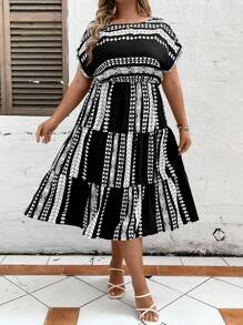 Breezaya Plus Geo Print Batwing Sleeve Ruffle Hem Dress - Black and White - View 4