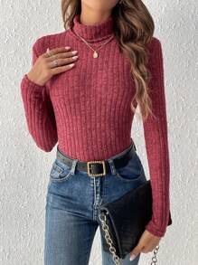 SHEIN Frenchy Camiseta de cuello tortuga tejido de canalé - Burdeos - Ver 4