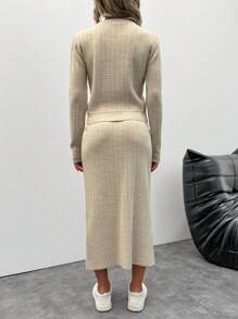 EURMUSE Women's Solid Color Button Design V-Neck Long Sleeve Sweater And Split Hem Knit Midi Skirt 2-Piece Set, Autumn/Winter