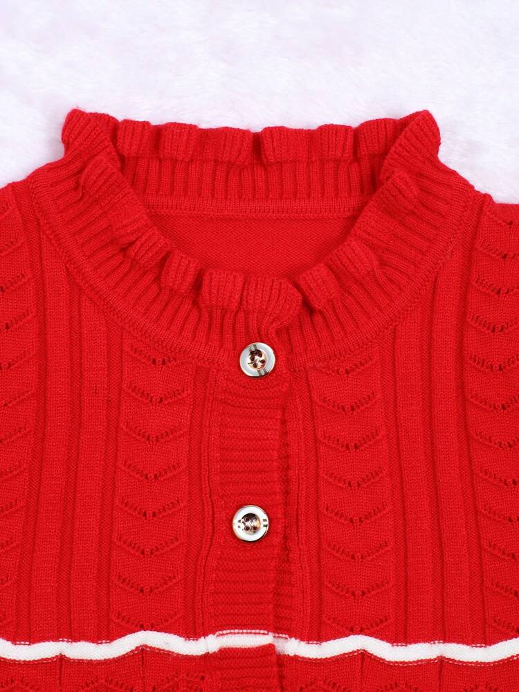 Baby Girls' Frill Hem Cardigan And Geometric Pattern Sweater Skirt Outfit