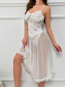 Camisón De Malla Adornado Con Volantes Y Estampado Floral Sin Ropa Interior - Blanco - Ver 6