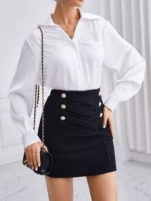 SHEIN Privé Của phụ nữ Vượt qua Nút Trang trí Váy - màu đen - Xem 4