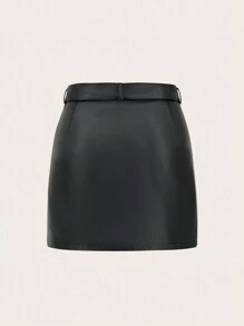 SHEIN Unity Damen Gürtel Rock Aus Pu-leder - Schwarz - Übersicht 2
