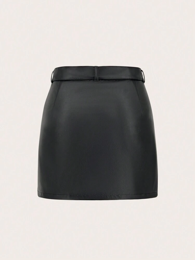 Women'S Pu Leather Belted Skirt