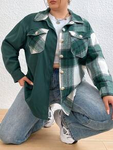 Flirla 女大尺寸格子翻蓋口袋襯衫 - 彩色 - 查看 3