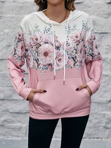 SHEIN LUNE Của phụ nữ Hoa In Áo nỉ có mũ Với dây rút - Hồng - Xem 4