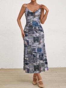 SHEIN Privé 女士牛仔效果围脖领细肩带连衣裙