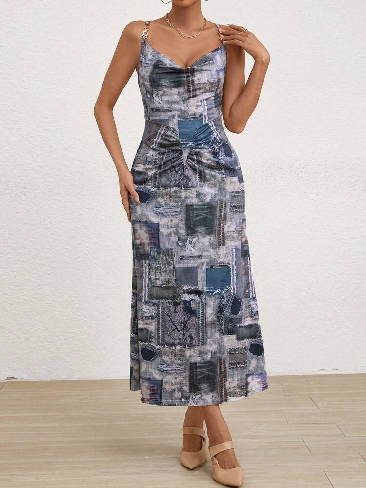 Women's Denim Effect Cowl-Neck Spaghetti Strap Dress