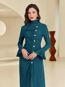 Modelyn Mock Neck Flounce Sleeve Ruched Button Front Dress - Teal Blue - View 5