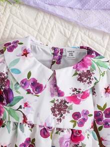 女嬰花領連身裙 - 米色 - 查看 3