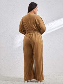 SHEIN Essnce Plus Size Velvet Loose Jumpsuit - Khaki - View 2