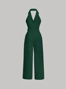 SHEIN MOD Solid Lapel Neck Belted Halter Halter Jumpsuit - Army Green - View 2