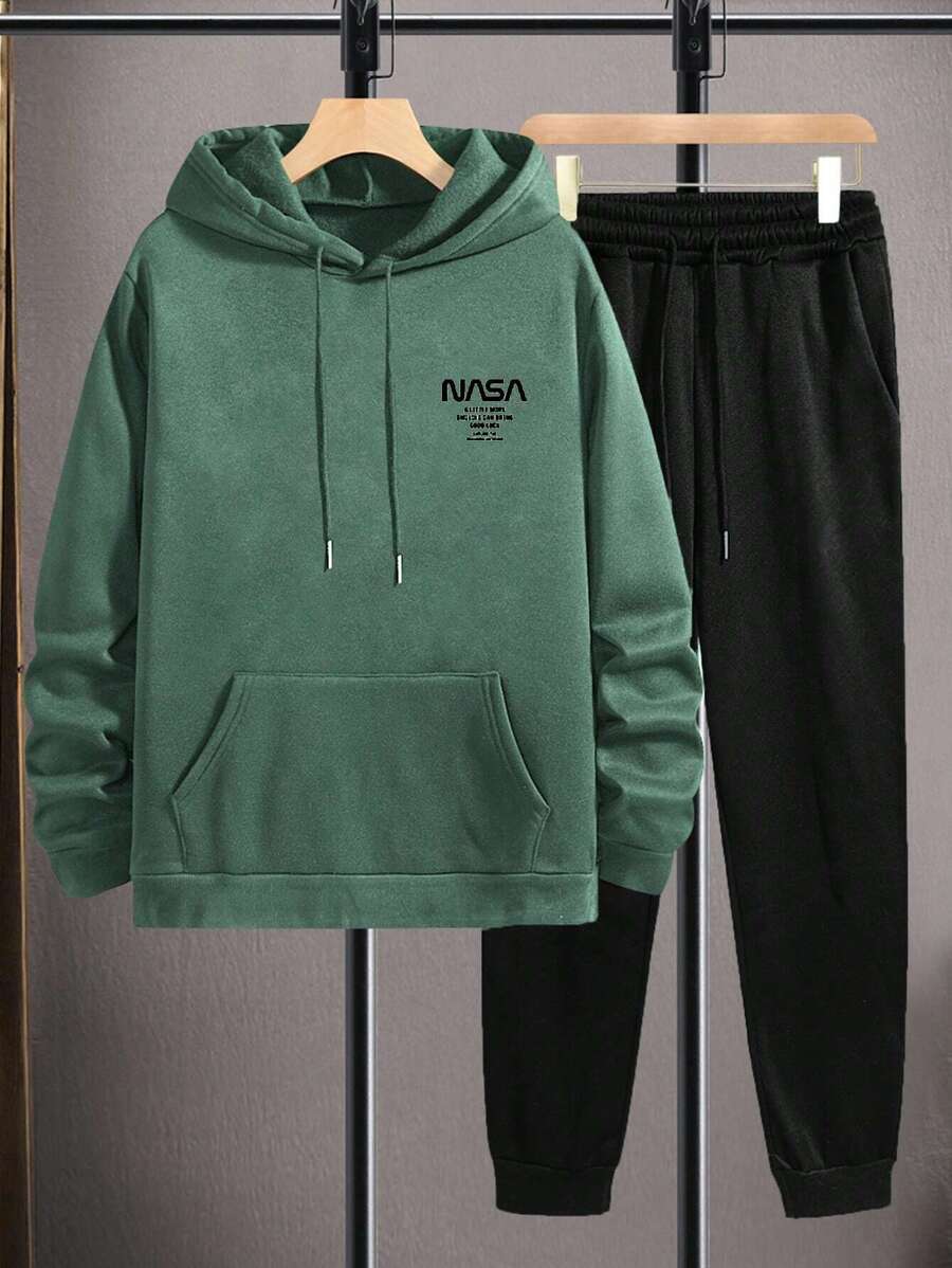 EURMUSE Men's Letter Printed Drawstring Hoodie And Pants Two-piece Set - Green - View 1