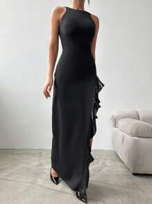 SHEIN Cottnline Ruffled High-Slit Cocktail Dress - Black - View 4