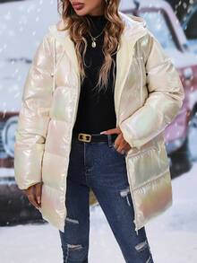 SHEIN Clasi Của phụ nữ Sáng bóng Laser áo có mũ Dây rút Áo lông Jacket - Màu be - Xem 5