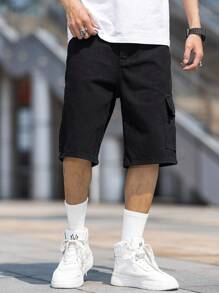 Manfinity Hypemode Men Cotton Flap Pocket Side Denim Shorts Going Out Plain Denim Jorts Baggy Plain Black Denim Shorts, For Husband, Boyfriend Gifts Going Out Hang Out Commute Street College - Black - View 4