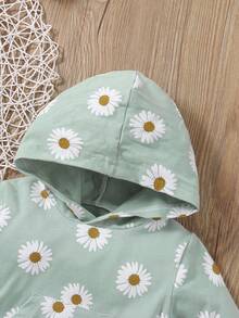 2pcs Baby Girls' Cute Flower Printed Kangaroo Pocket Hoodie And Pants Set, Soft & Comfortable, Casual - Multicolor - View 6