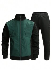 2pcs Men's Color Blocking Patchwork Jacket And Pocketed Pants Set