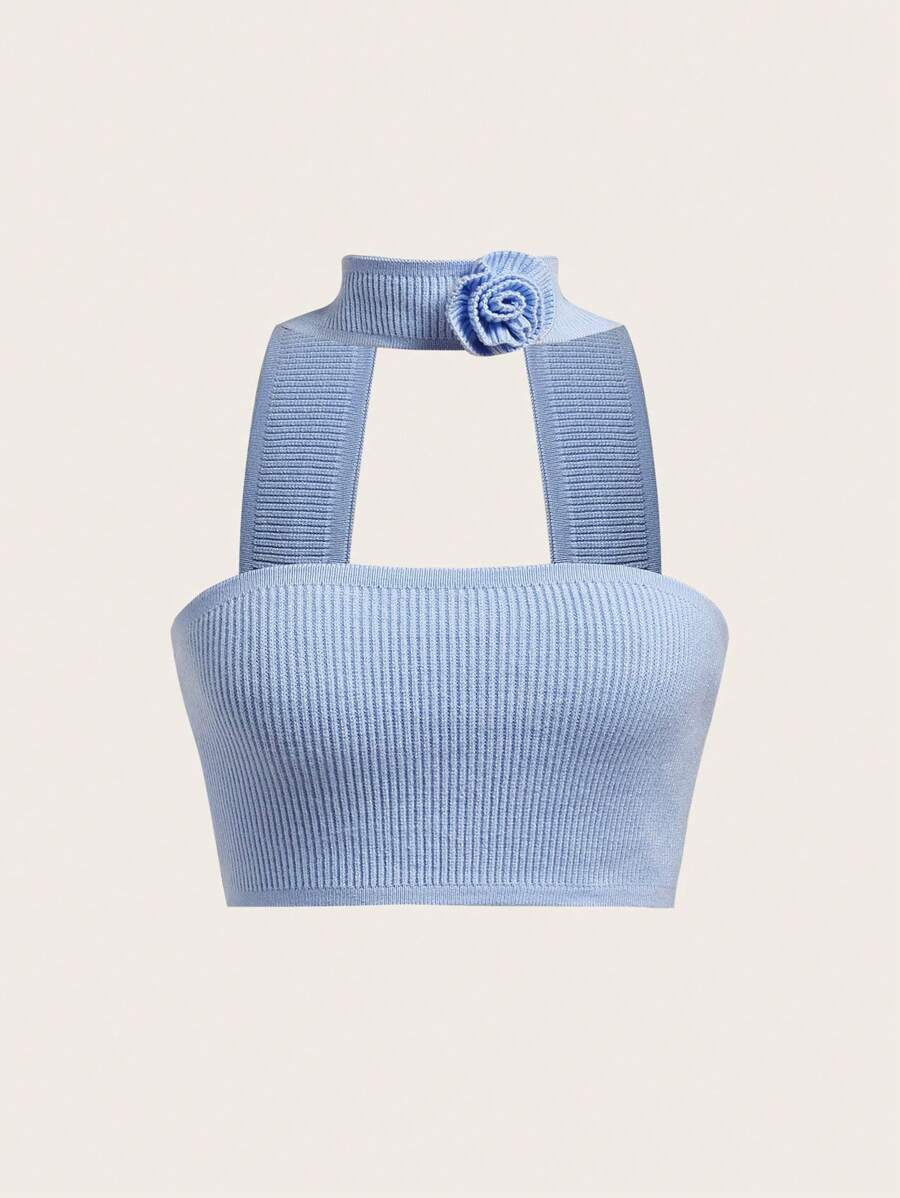 SHEIN Sweetina 3d 花卉貼花與掛脖設計針織上衣 - 藍色 - 查看 1