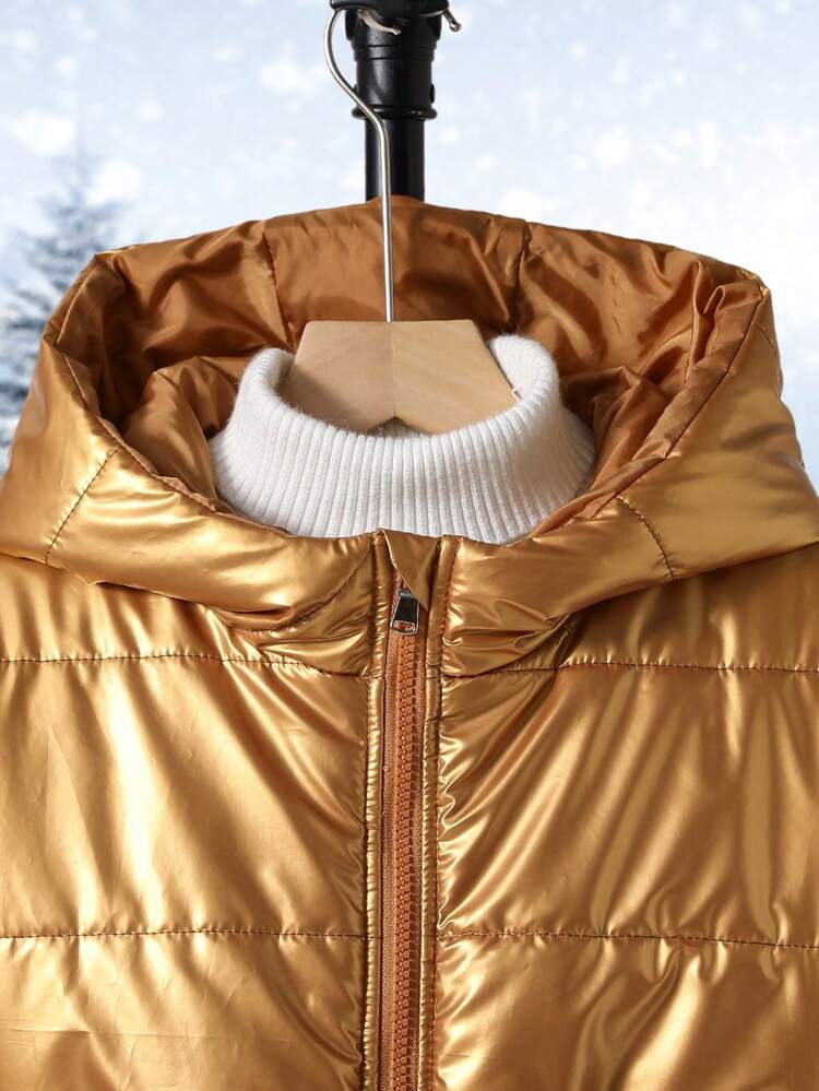 Tween Girls' Windproof And Warm Gold Long Sleeve Hooded Jacket With Waist Bag