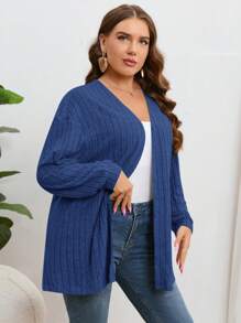 SHEIN Essnce Kích thước lớn Màu thuần Sọc Kết cấu Lỏng lẻo Áo len Mở Áo len , Tay áo dài - Màu xanh hải quân - Xem 4