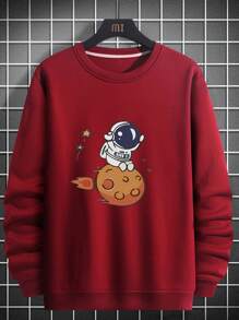 Men's Cartoon Astronaut Pattern Sweatshirt - Red - View 1