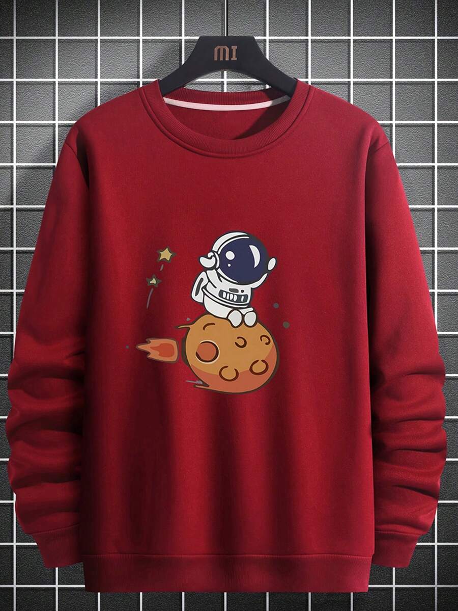 Men's Cartoon Astronaut Pattern Sweatshirt - Red - View 1