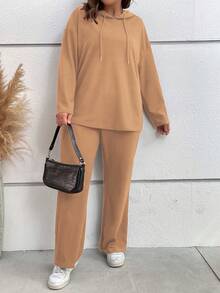 SHEIN Franclia Plus Drop Shoulder Drawstring Hoodie & Pants - Apricot - View 4
