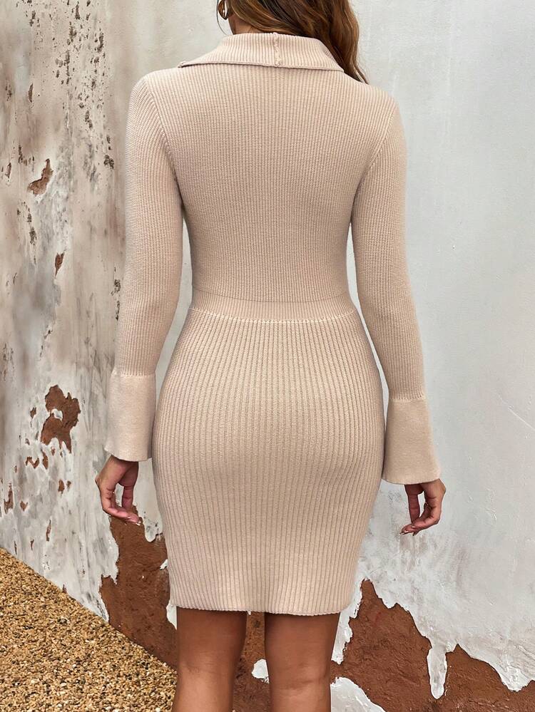 Button Up Collar Detail Slit Sleeve And Hem Ribbed Bodycon Dress