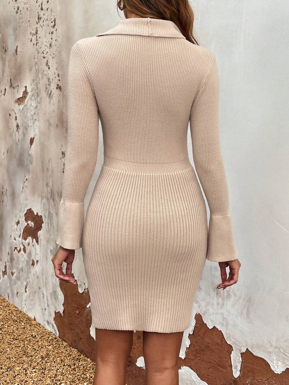 Button Up Collar Detail Slit Sleeve And Hem Ribbed Bodycon Dress