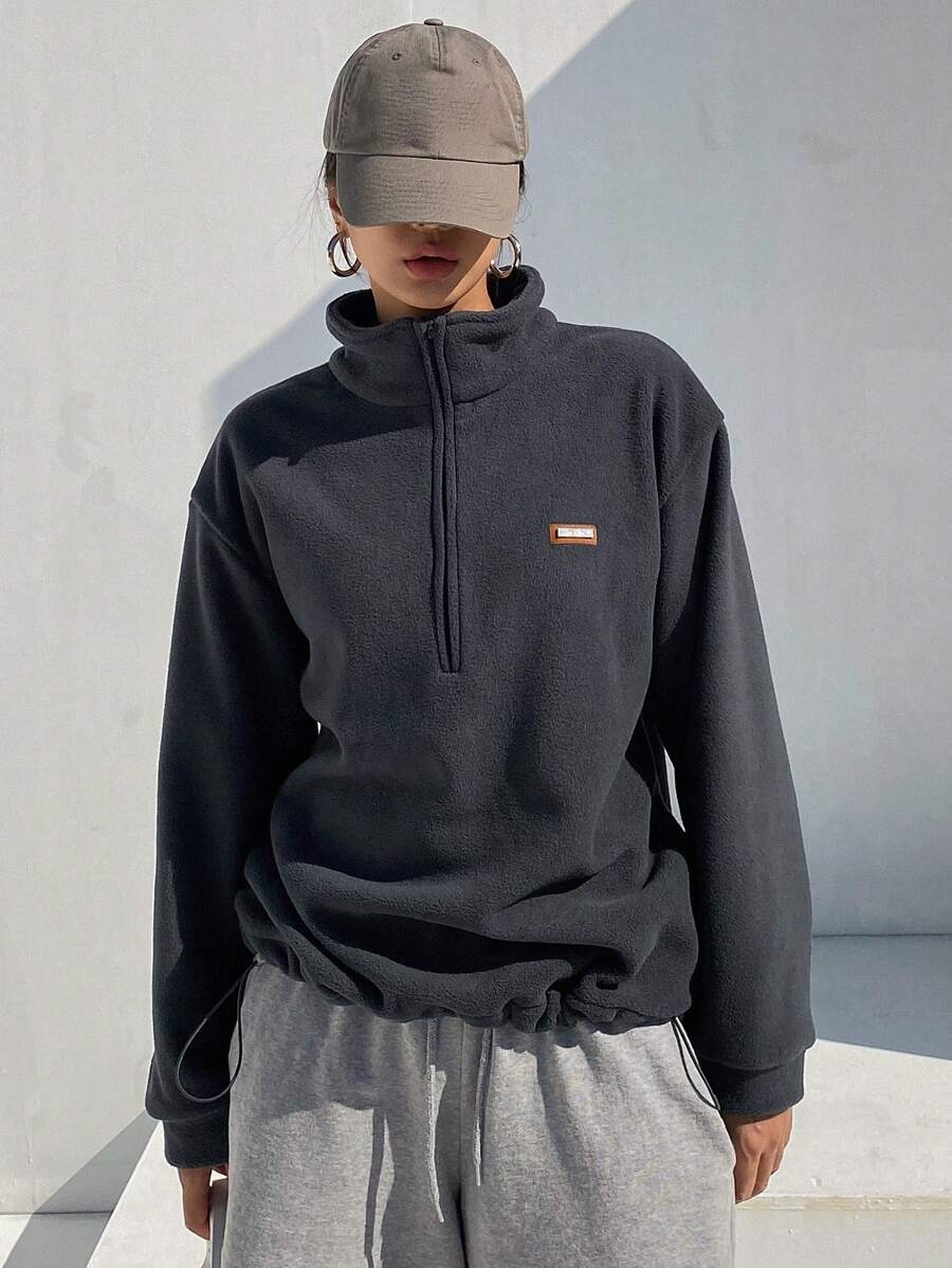 DAZY Letter Patched Detail Drop Shoulder Half Zip Sweatshirt - Grey - View 1