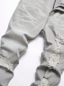 Manfinity Roughcore 男士石洗仿舊破洞牛仔褲 - 淺灰色 - 查看 4