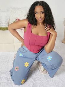 SHEIN CURVE+ Plus碼花卉印花寬腿牛仔褲